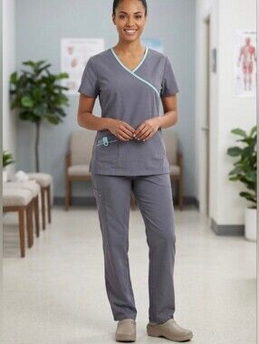 Izzy Scrubs Gray Top Size Xs Xsmall Short Sleeve Shirt Blue Trim With Pockets